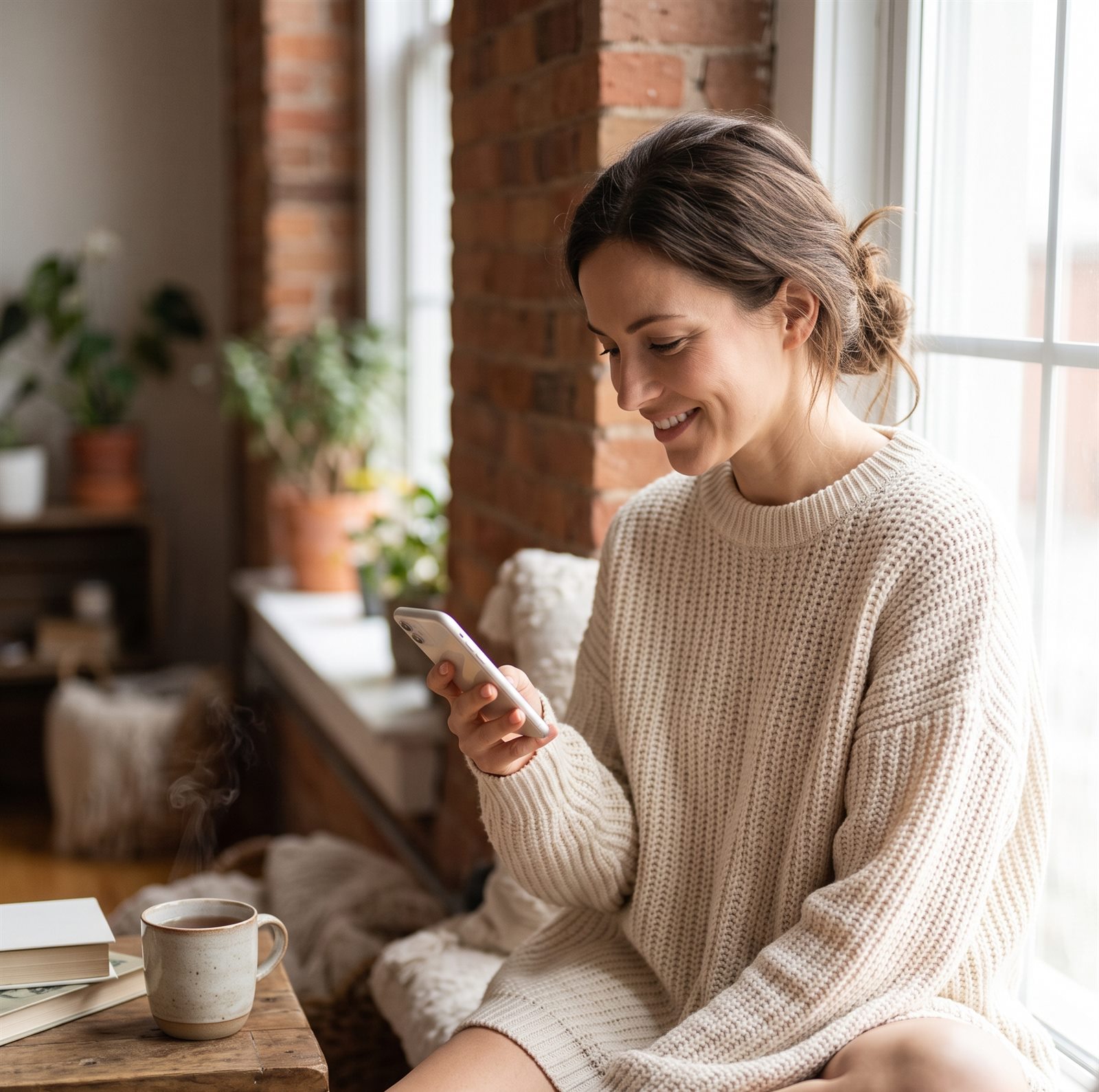 Person mit Smartphone, entspannt zu Hause