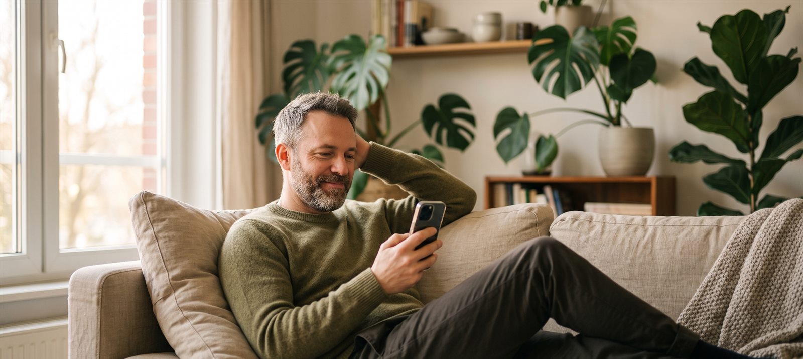 Person entspannt zu Hause mit Smartphone